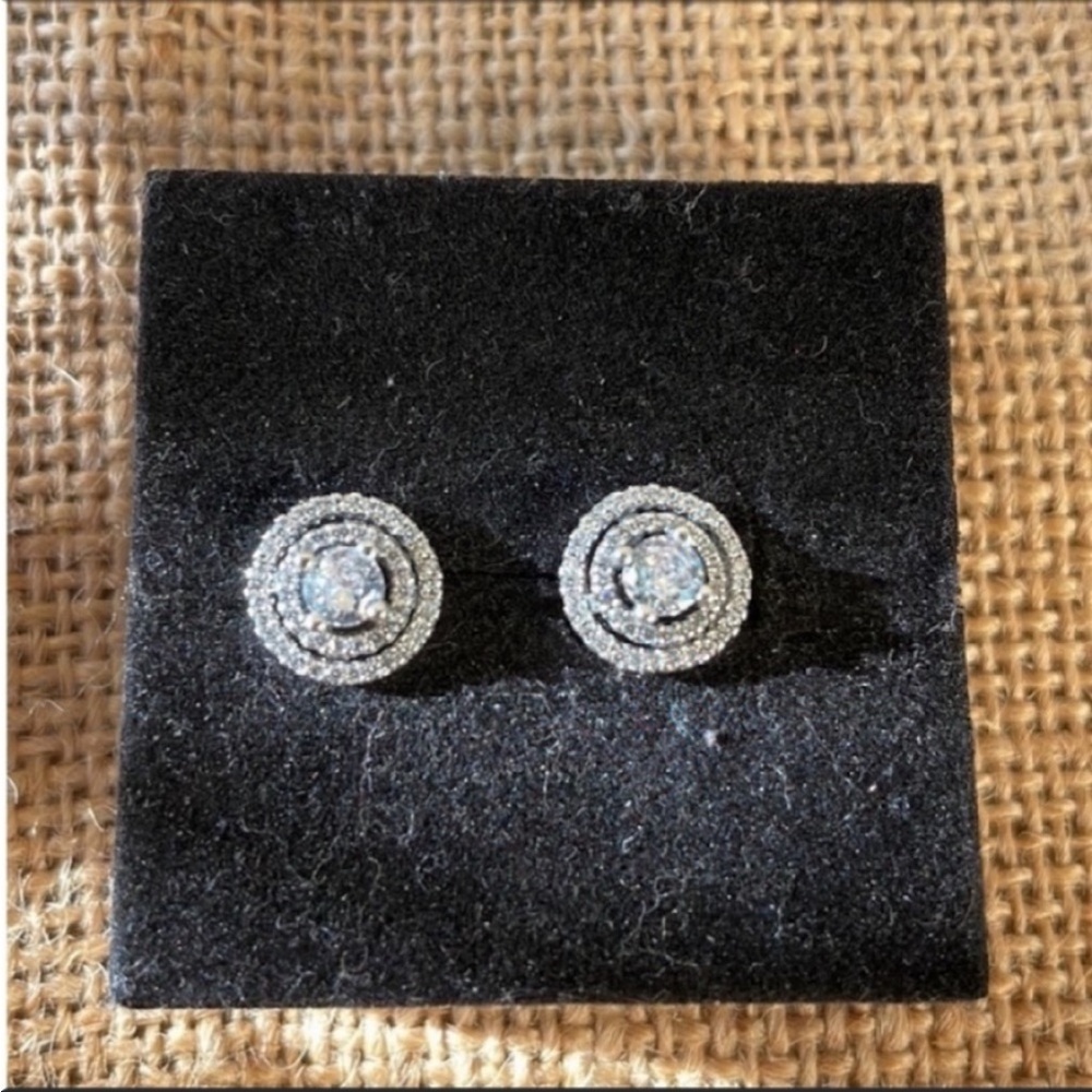 Pandora Solitaire 925 Sterling Silver Halo Earrings simulated CZ